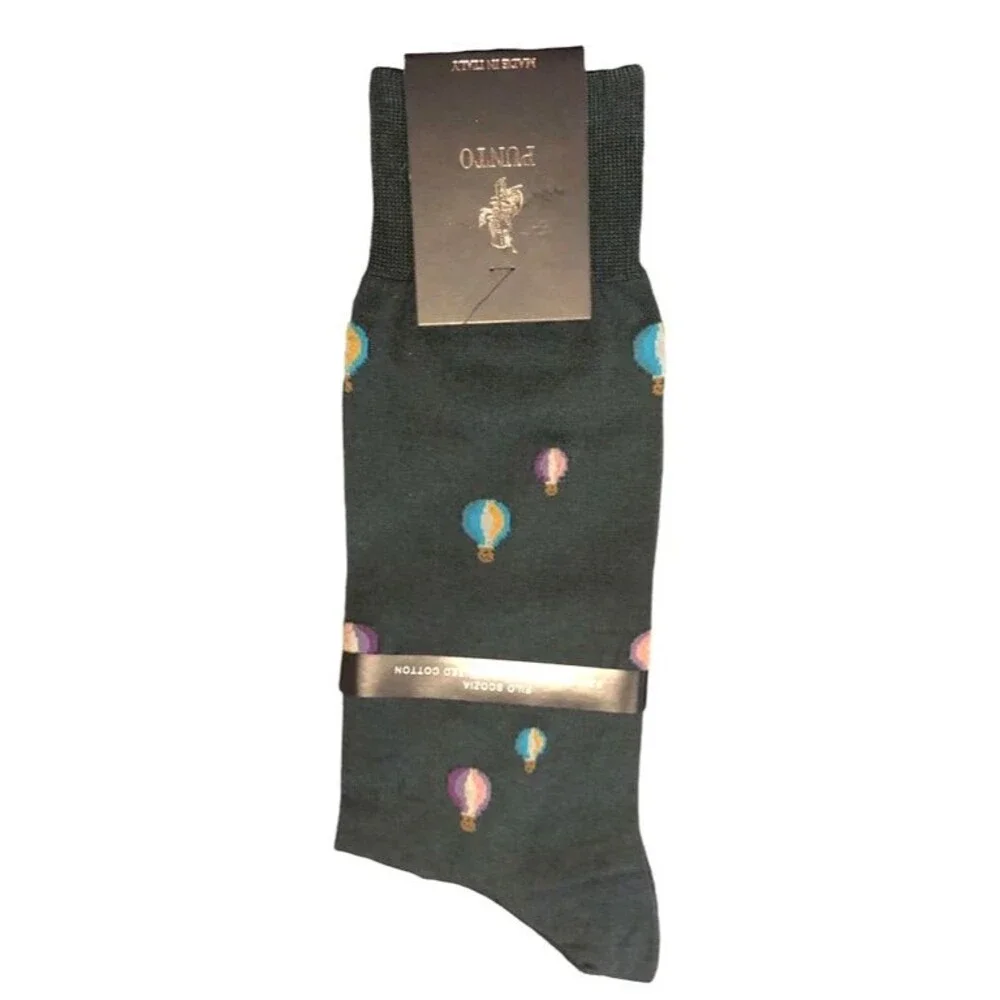 Punto Italian Mens Dress Socks Cotton Dark Green Hot Air Balloon Italy Sz 10-13